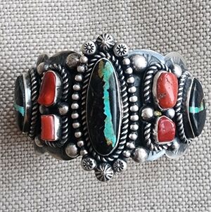 Beautuful Blackjack Turquoise And Coral Cuff By Navajo Artist RY